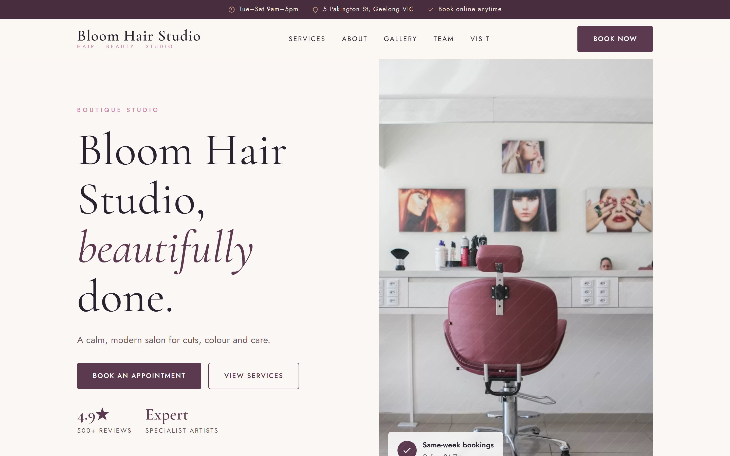 Concept website mockup for Bloom Hair Studio, a hair salon