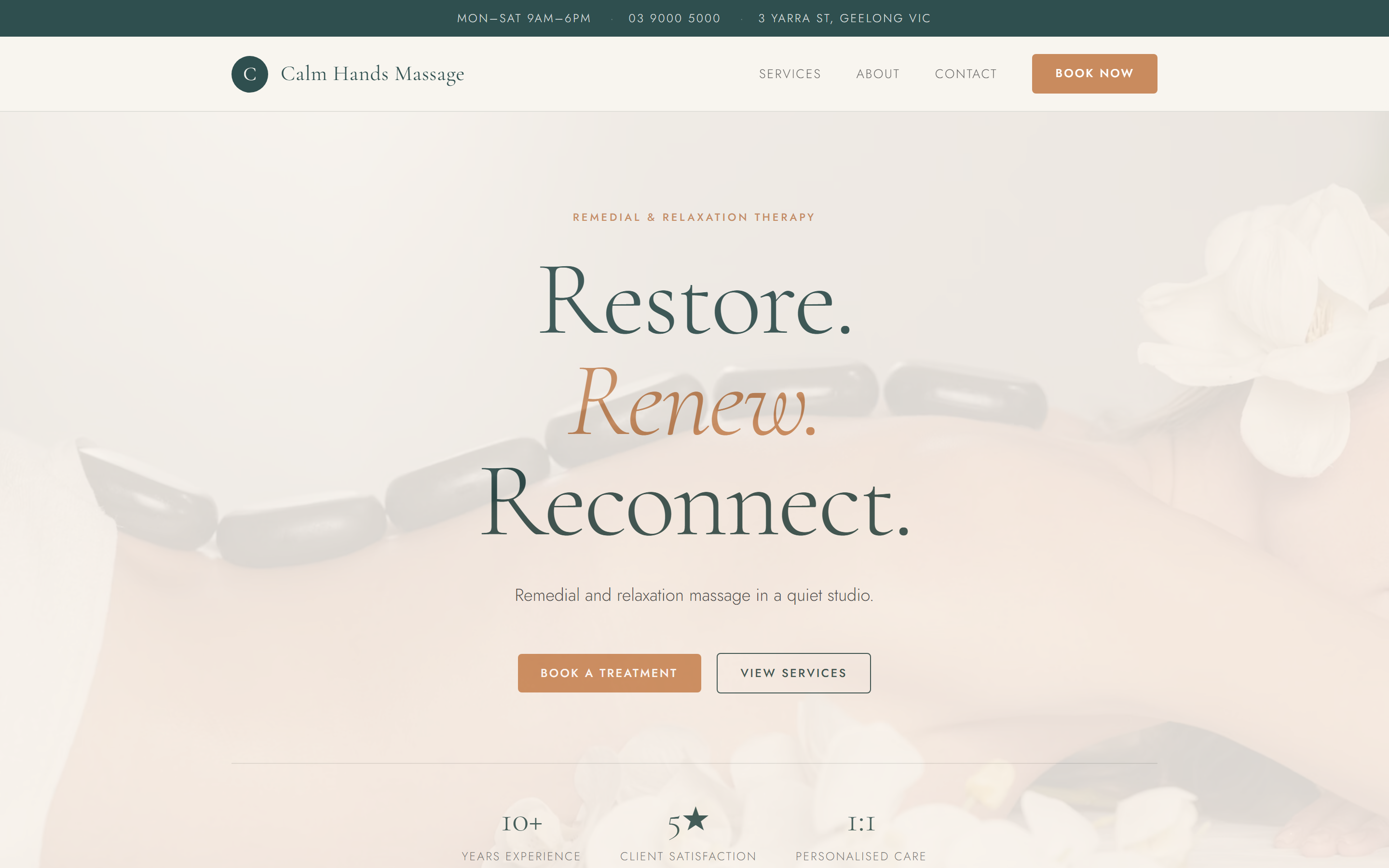 Concept website mockup for Calm Hands Massage, a massage therapy business