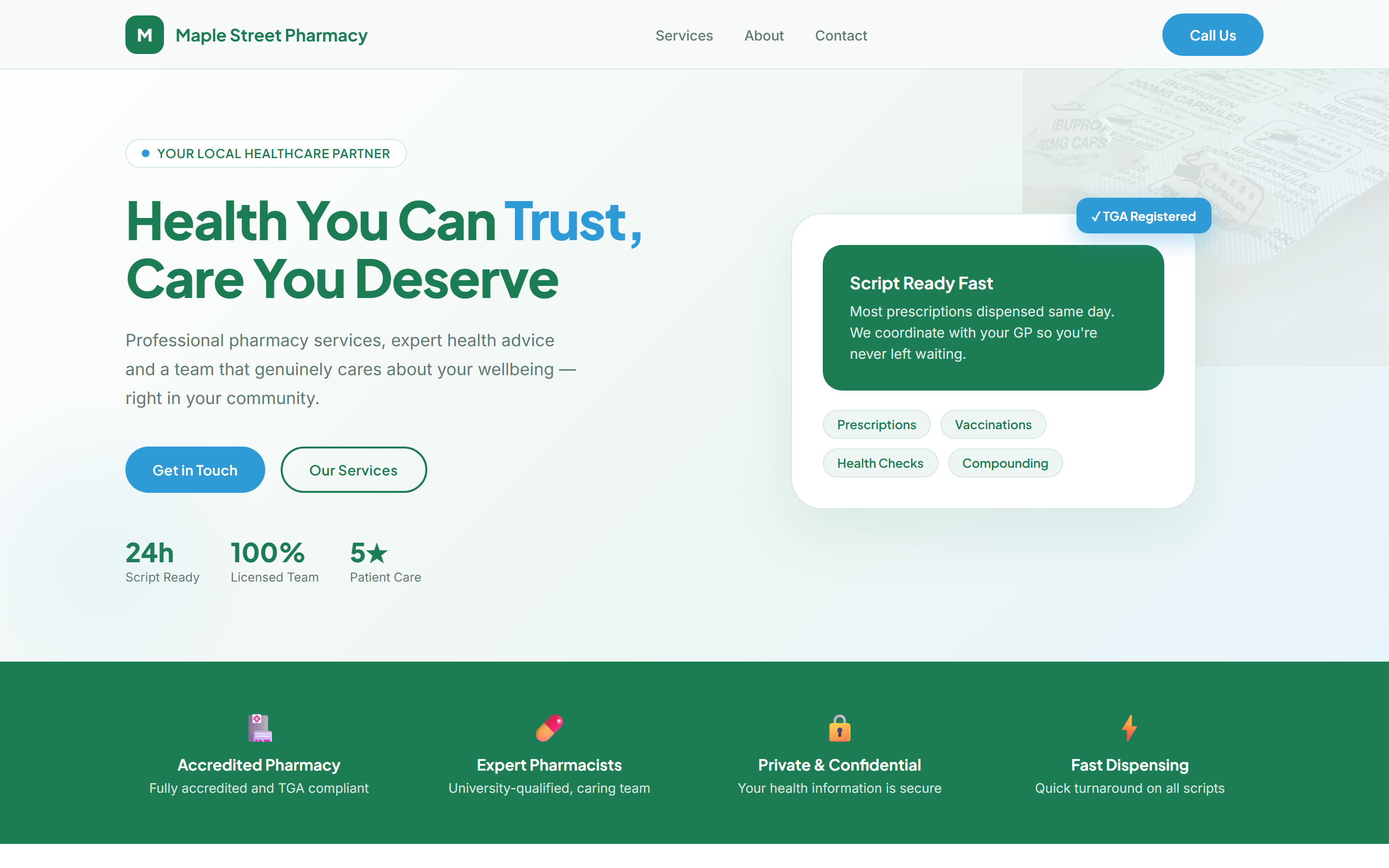 Concept website mockup for Maple St Pharmacy, a local pharmacy