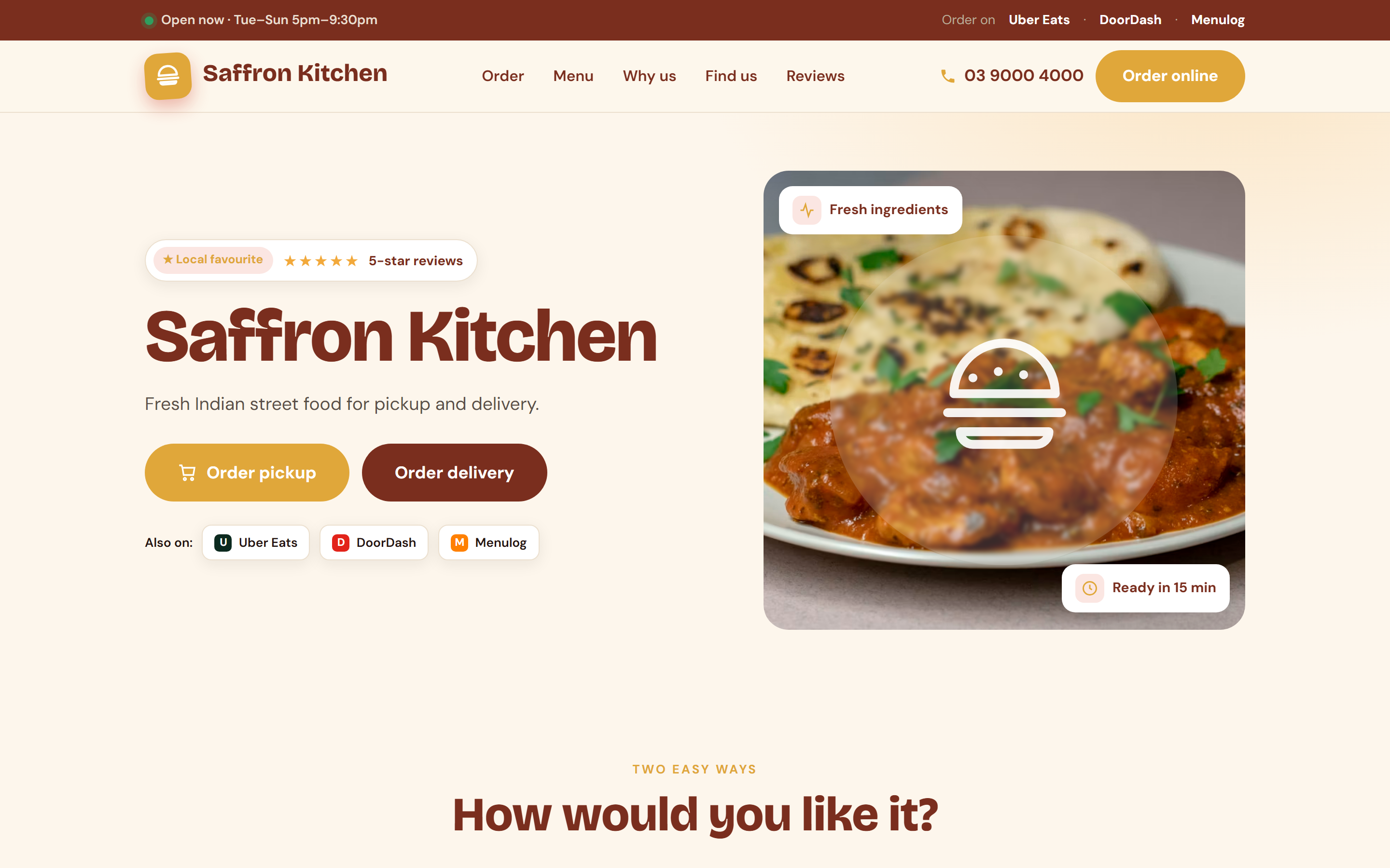 Concept website mockup for Saffron Kitchen, a takeaway restaurant